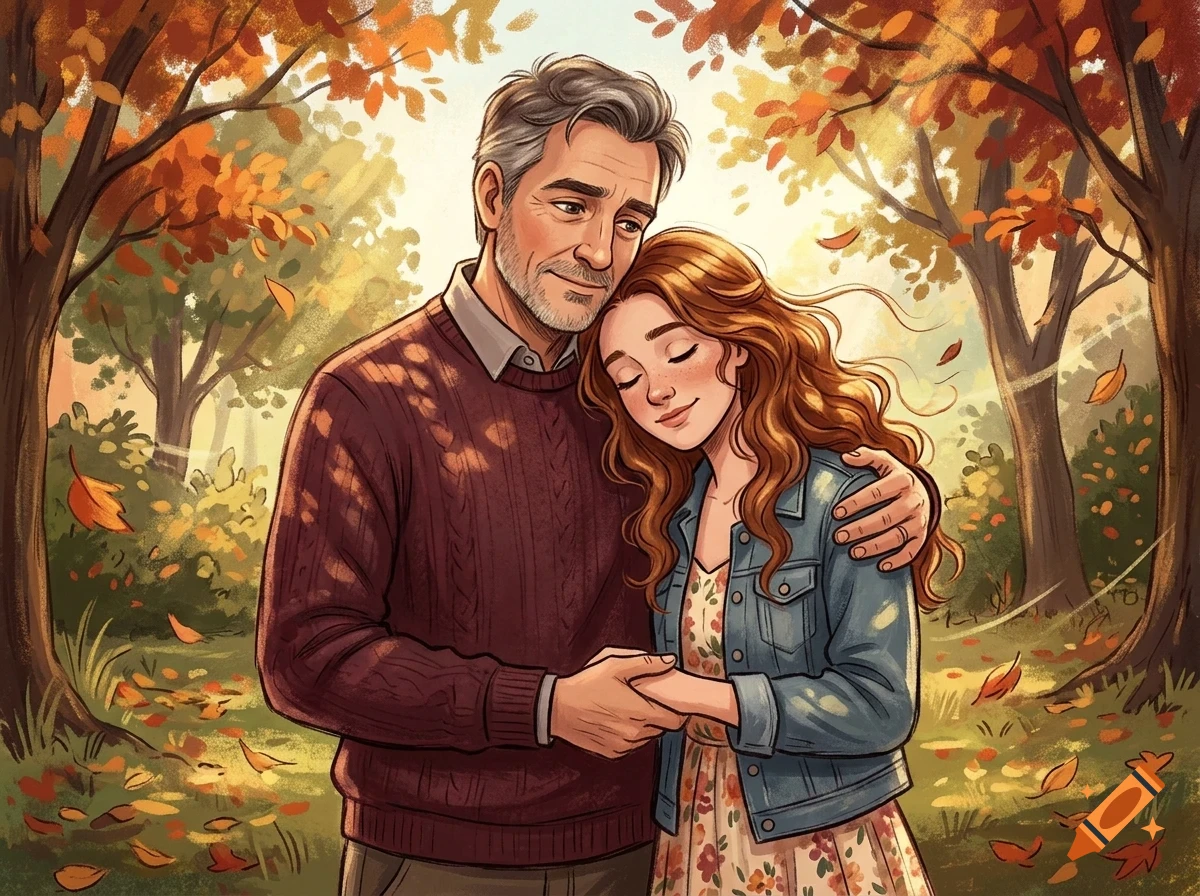 An older man and a young woman embracing in an autumn park with falling leaves.