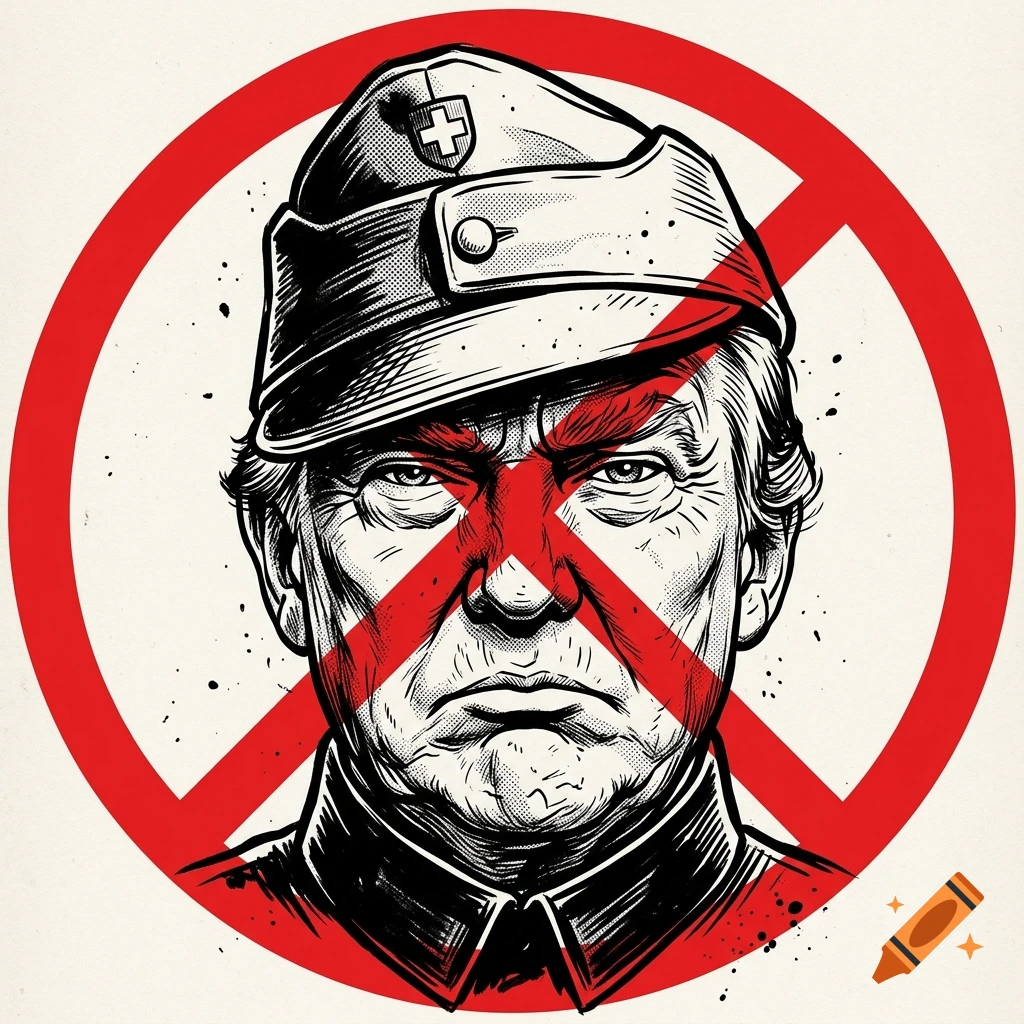 Black and white caricature of Donald Trump with a Swiss officer cap, framed by a red prohibition circle.