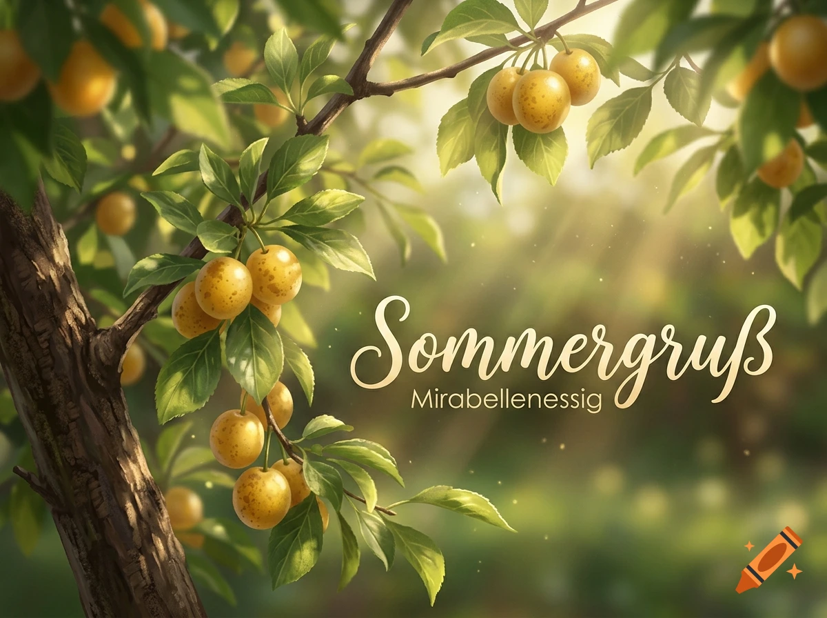 Sunlight filtering through the leaves and yellow mirabelle plums on a tree branch, with German text Sommergruß Mirabellenessig.
