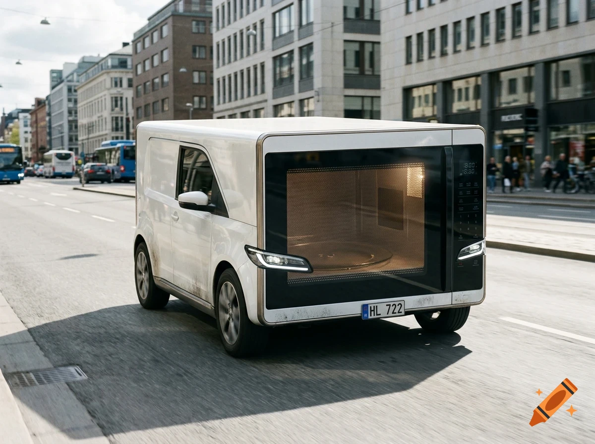 A surreal van designed to look like a giant microwave oven driving down a city street.