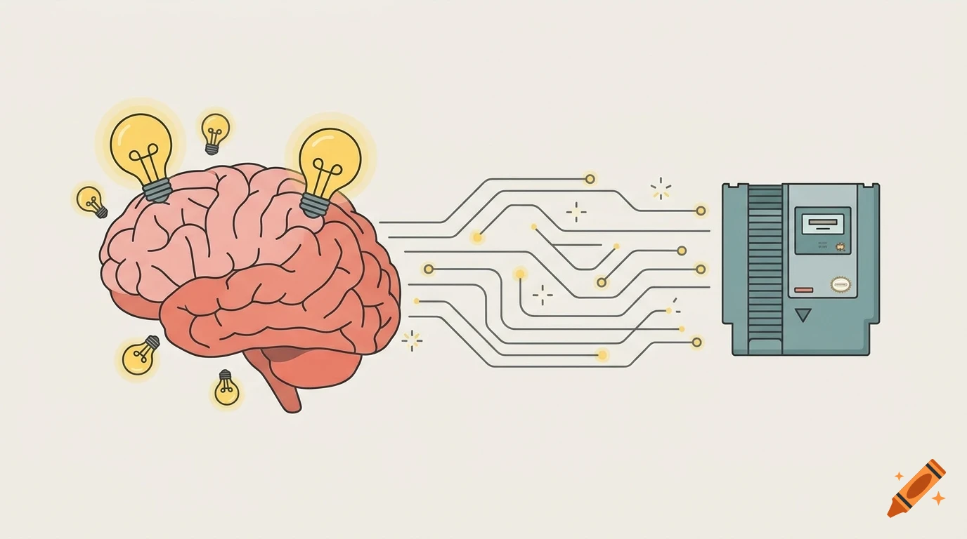 An illustrated human brain with glowing lightbulbs connected by circuit board pathways to a video game cartridge.