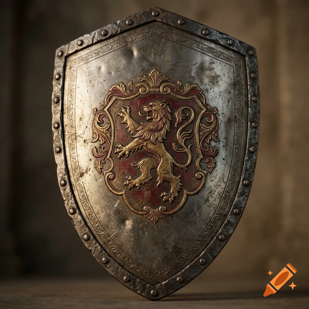 An old, weathered metal medieval shield with riveted borders and a central red and gold crest featuring a rampant lion.