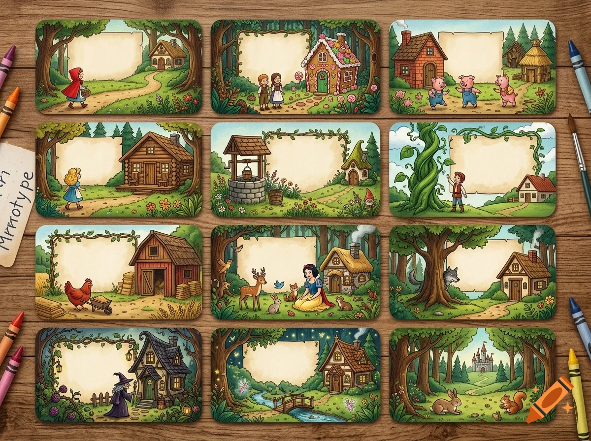An overhead shot of twelve rectangular cards featuring fairy tale illustrations with blank labels, arranged on a wooden surface with crayons and brushes.