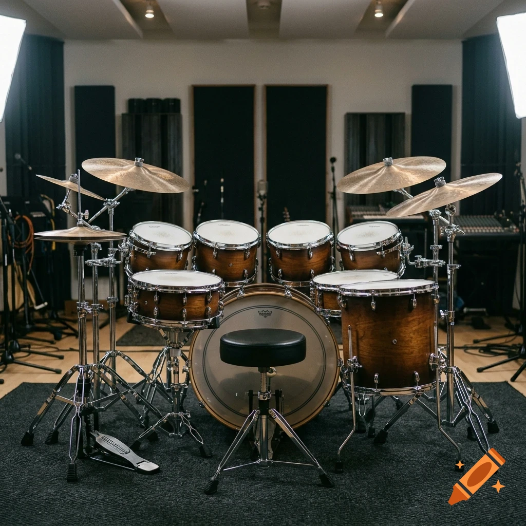 A full drum kit with a stool is set up in a recording studio with acoustic panels and lighting.