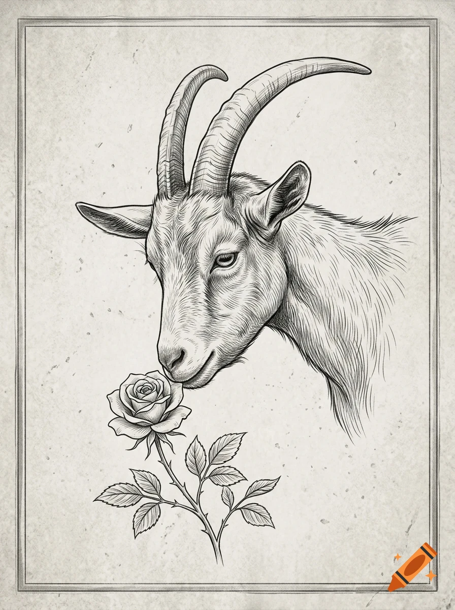 An ink and pencil illustration depicting a goat sniffing a rose flower.