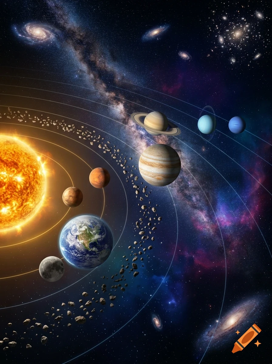 An illustration of the solar system with the sun, planets in orbit, asteroid belt, and distant galaxies in the background.