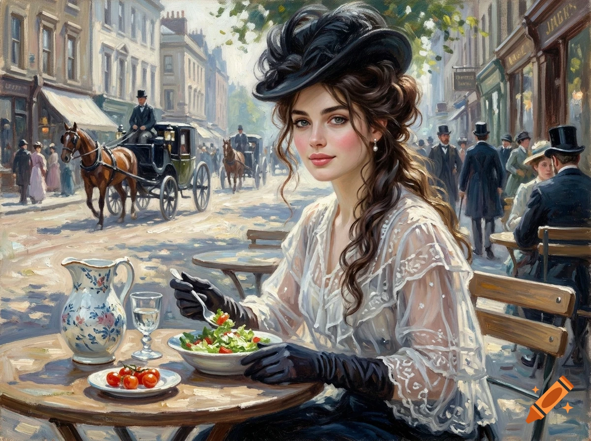 An elegant Victorian woman wearing a lace blouse and black hat dines at a sidewalk café, with horse-drawn carriages on the historic street behind her.