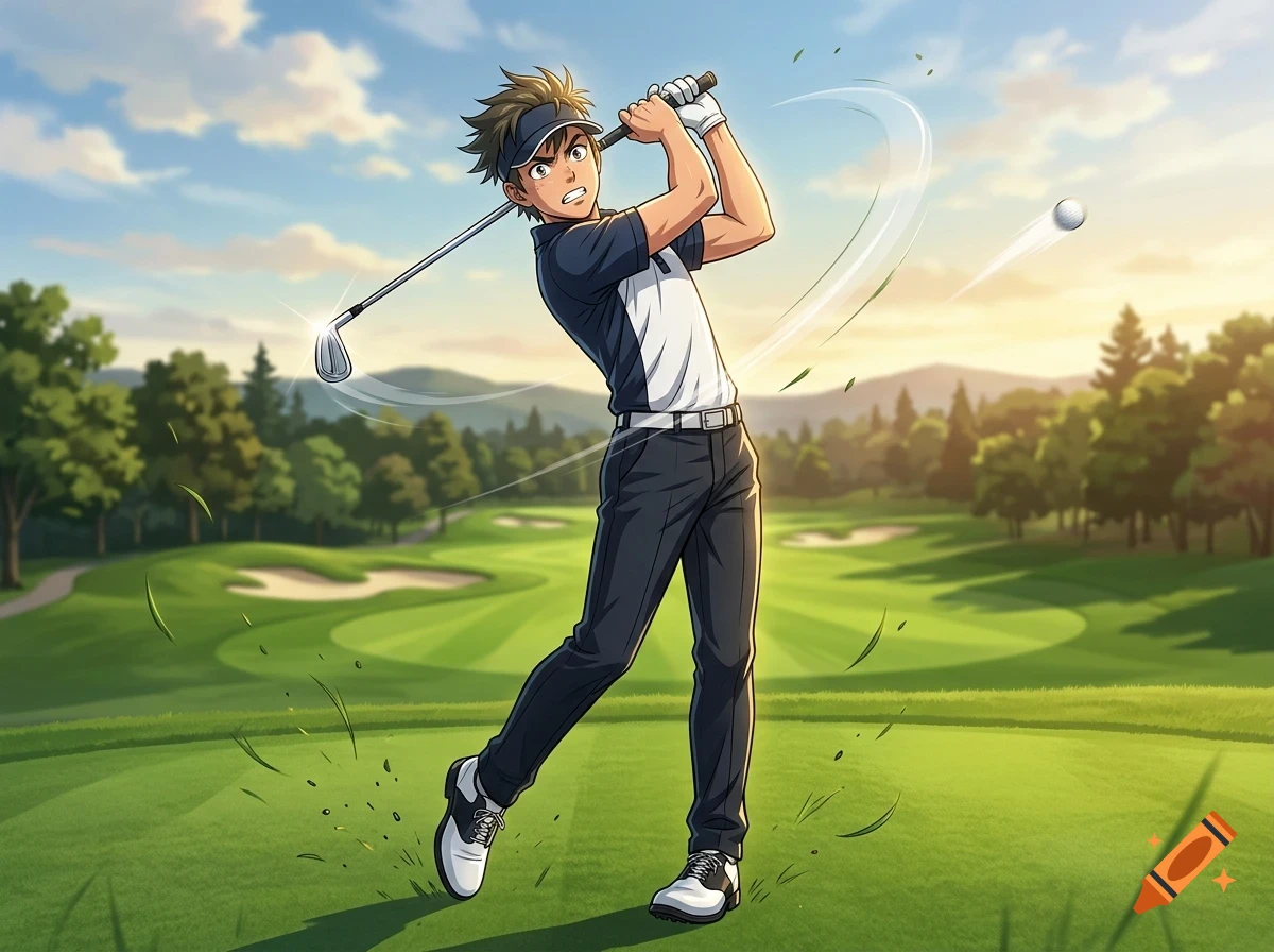 An anime-style illustration of a young man swinging a golf club on a green golf course, with a golf ball flying through the air.