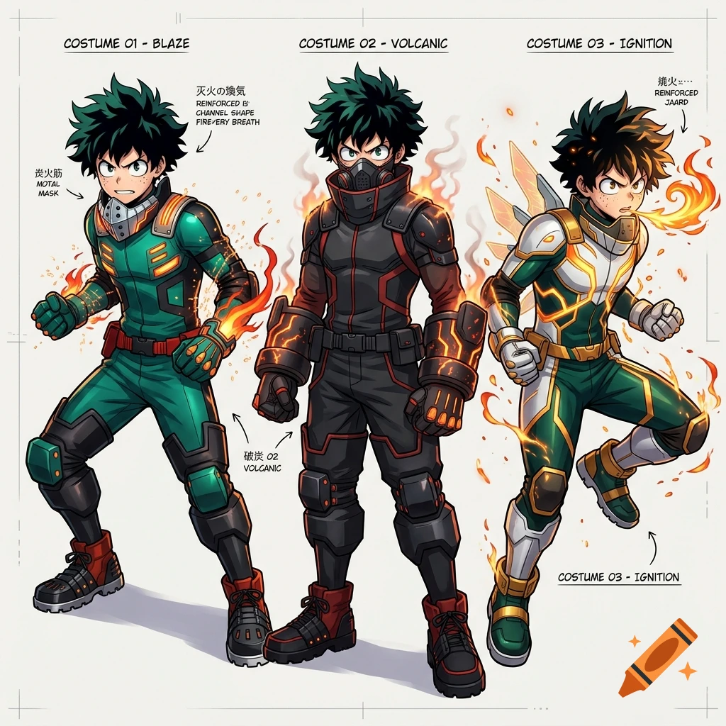 Concept art of three anime superhero costume designs featuring green and black gear with fire effects, drawn in a manga style.