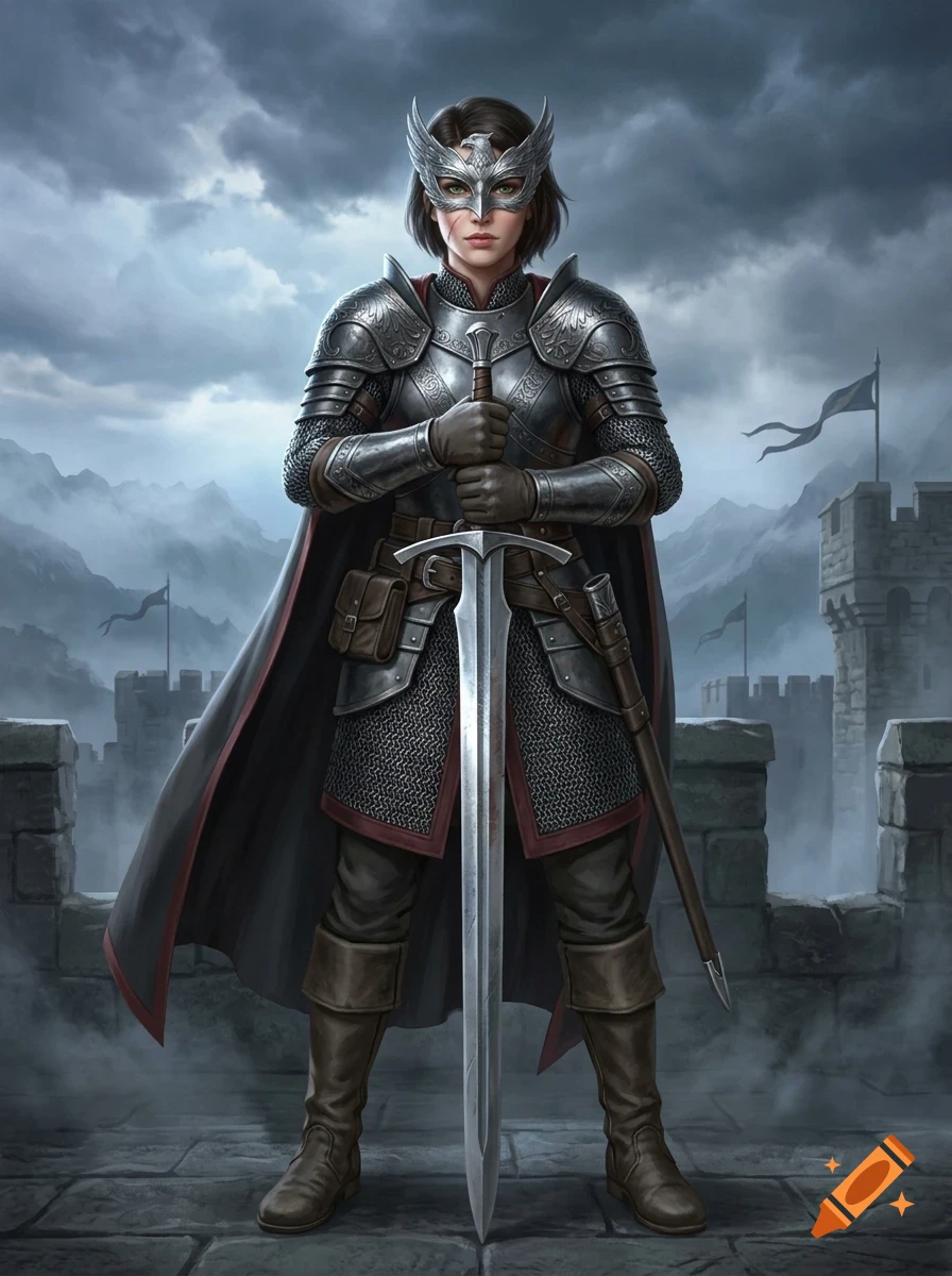 A warrior in silver plate armor and a dark cape stands holding a large sword, wearing an eagle mask on a castle wall under a cloudy sky.