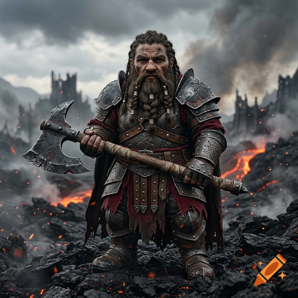 Photorealistic depiction of a stern male dwarf warrior in ornate metal armor holding a large battleaxe, standing in a volcanic wasteland with ruins.