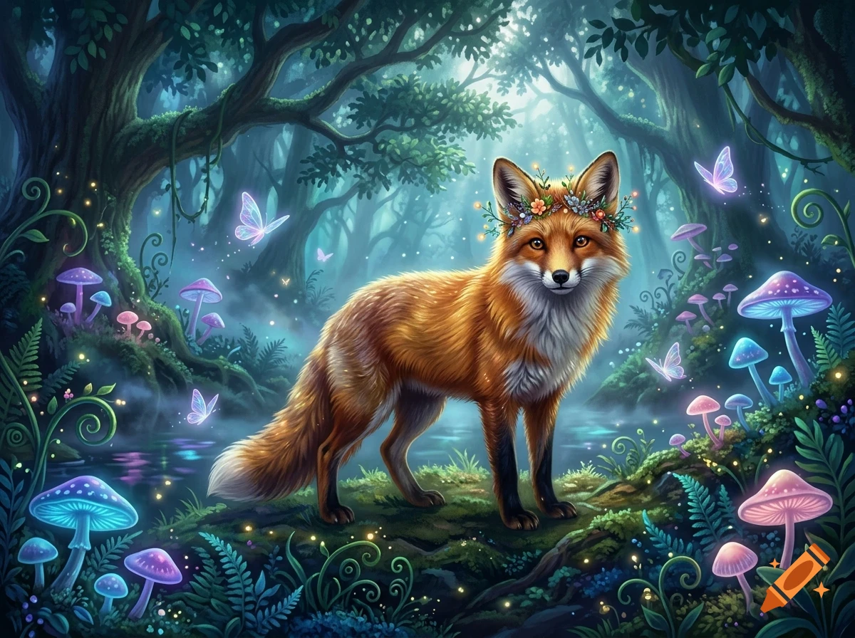An orange fox wearing a flower crown stands in a magical glowing forest surrounded by glowing mushrooms and butterflies.