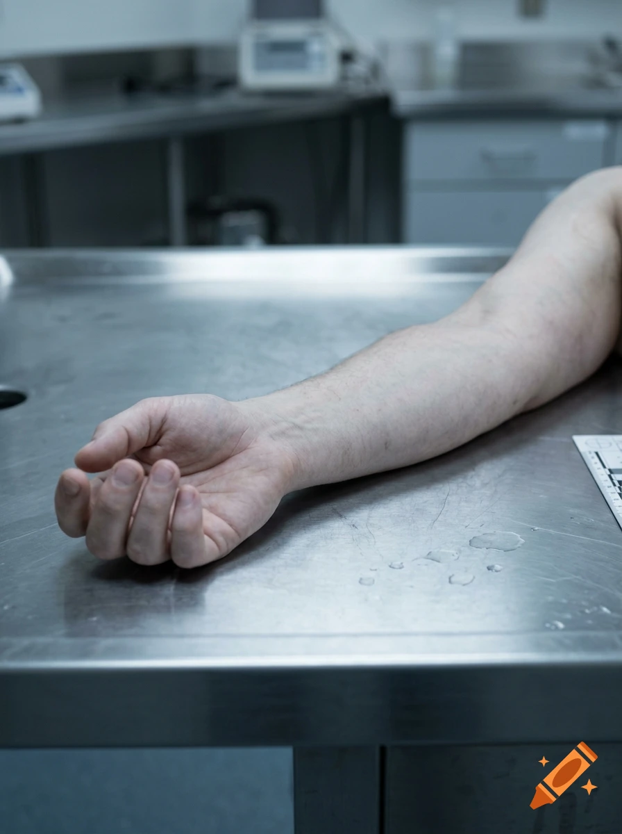 Photorealistic close-up of a human arm and hand resting on a stainless steel medical examination table in a morgue.