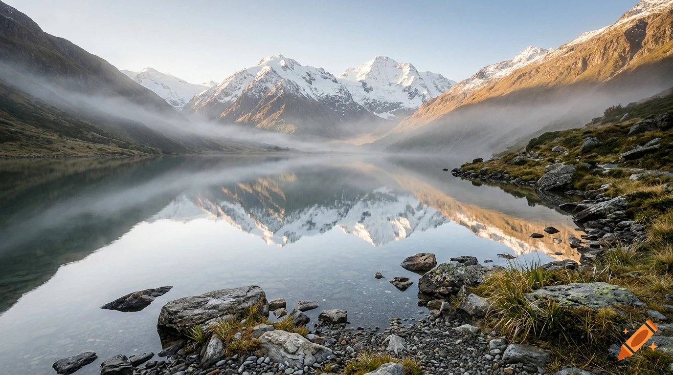 Photorealistic landscape of snow-capped mountains reflecting in a calm lake with morning mist in the valley.