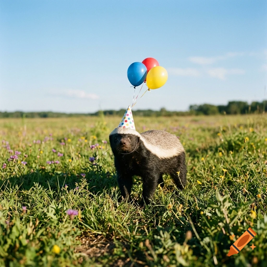 A honey badger wearing a party hat and holding three balloons stands in a grassy field.