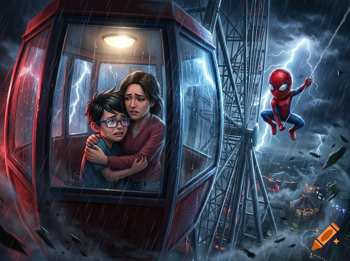 A distressed woman and young boy hugging inside a red Ferris wheel car during a stormy night, while a young Spider-Man swings by on lightning.