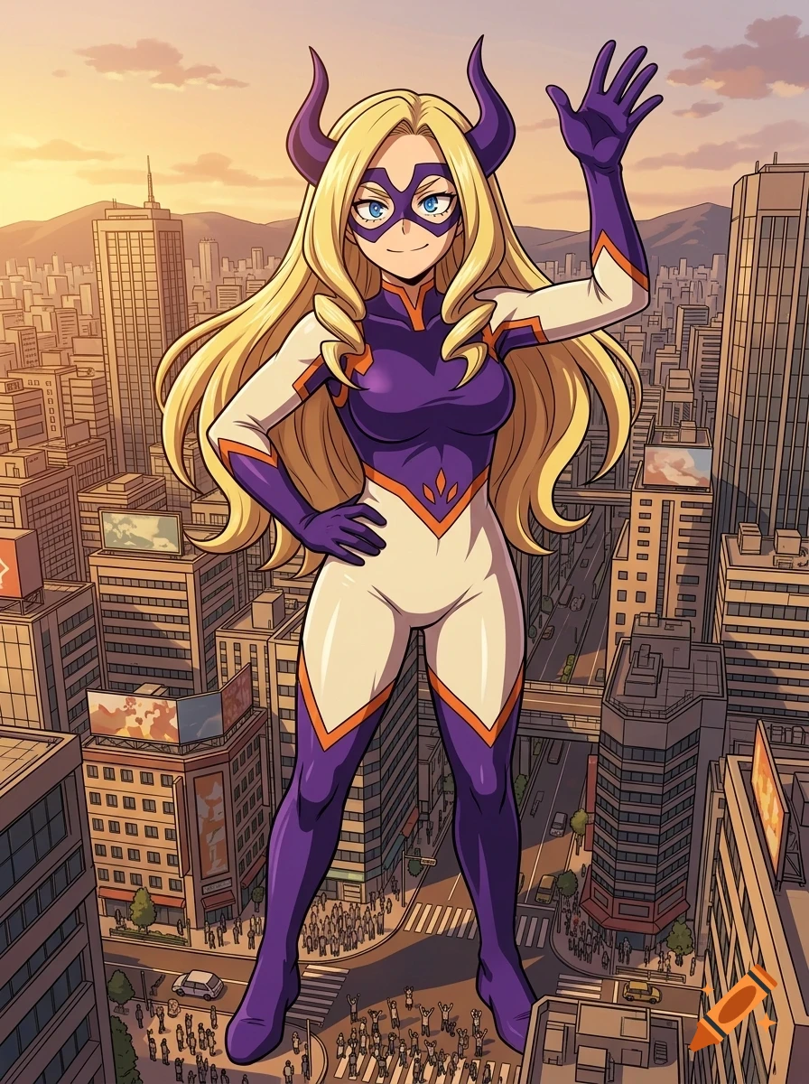 An anime-style illustration of a giant blonde superheroine in a purple and white suit standing amidst a city skyline, waving.