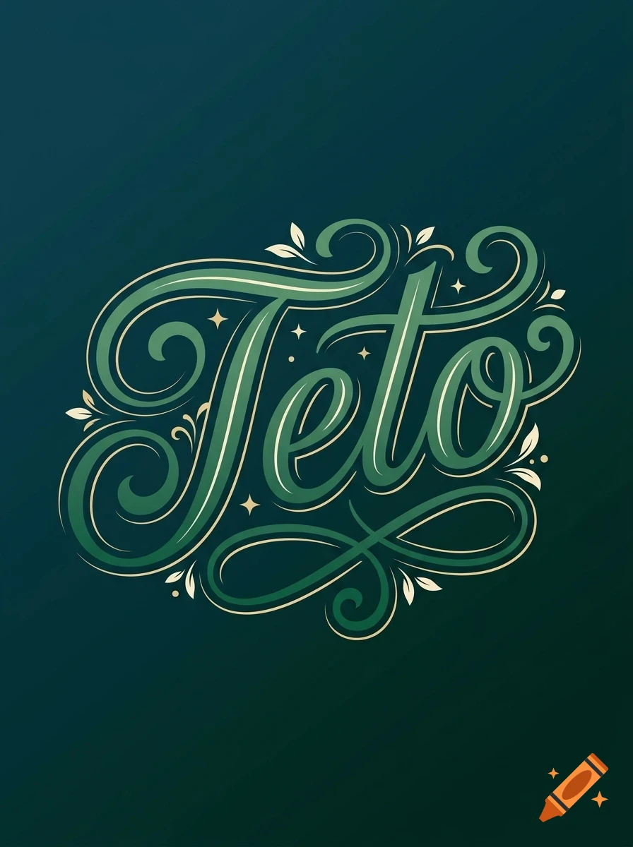 Decorative lettering reading "Teto" in a stylish green script with floral flourishes and stars on a dark teal background.