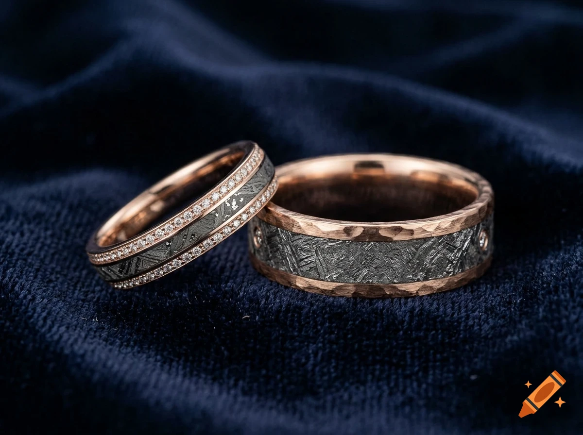 Two rose gold and meteorite inlay rings resting on a dark blue velvet fabric background.