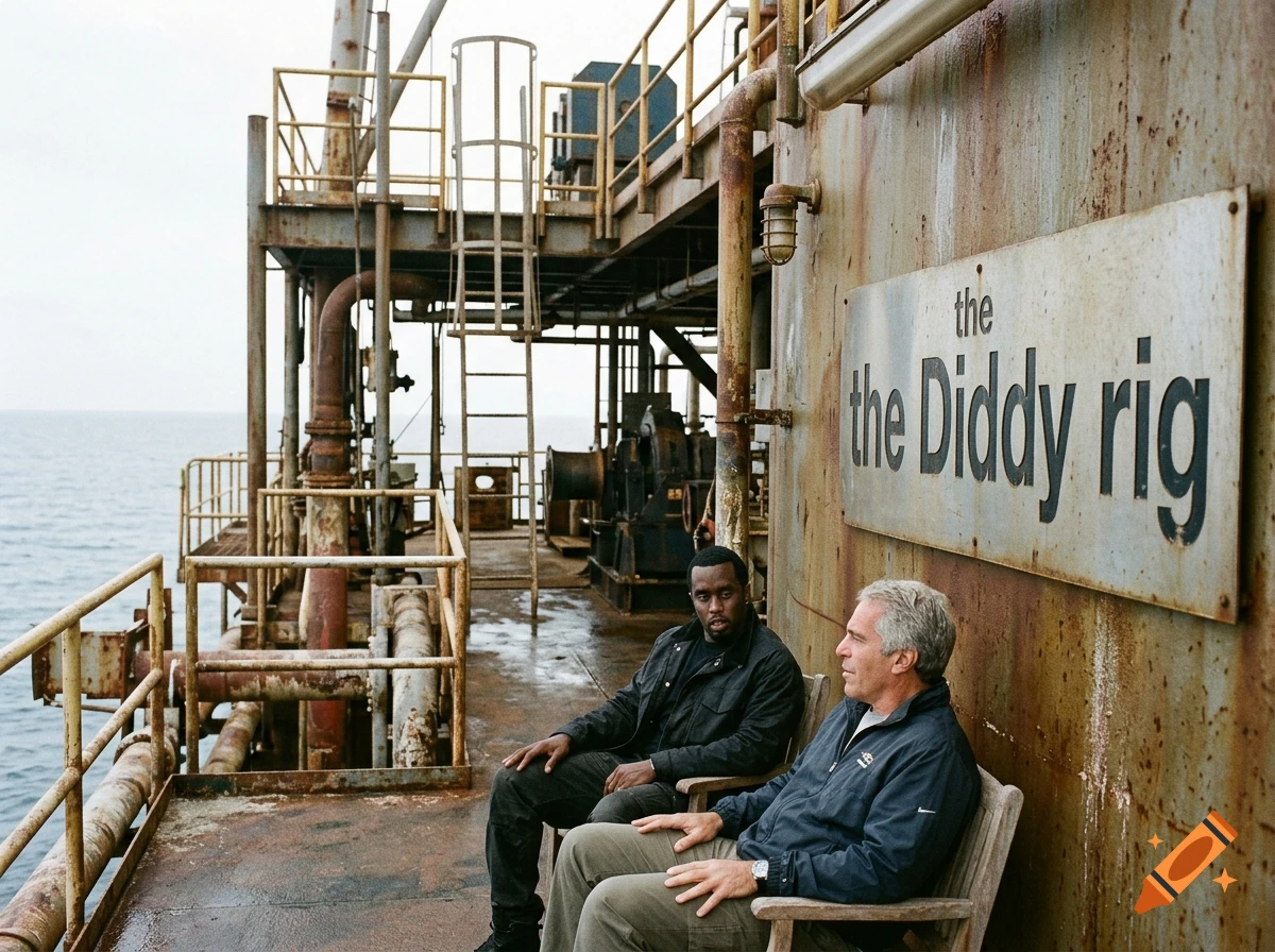 Photorealistic image of Sean Combs and Jeffrey Epstein sitting on a rusty oil rig bench with a sign reading 'the Diddy rig'.