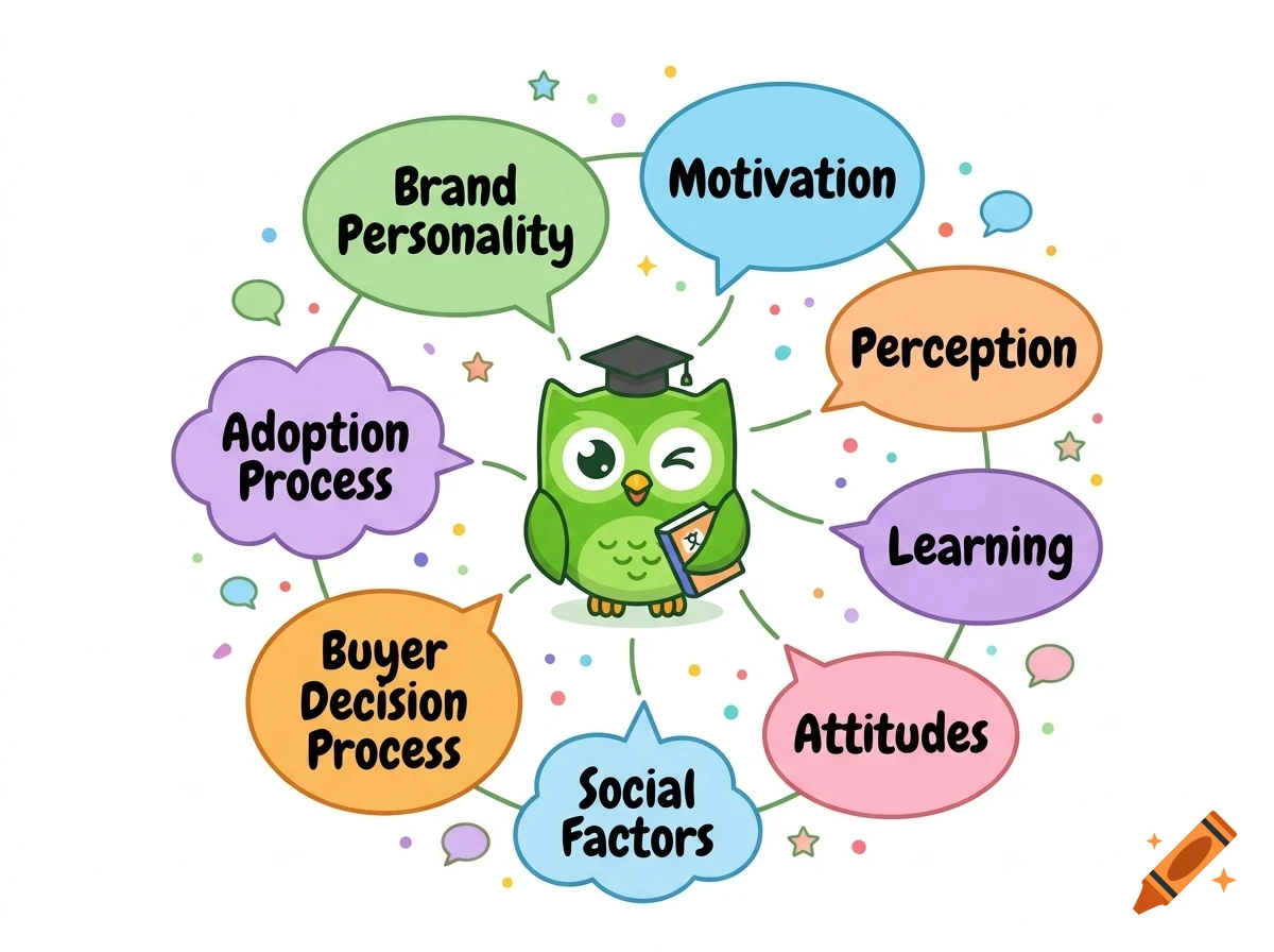An educational vector illustration featuring a cute green cartoon owl wearing a graduation cap, holding a book, and surrounded by colorful speech bubbles with psychological and marketing concepts.