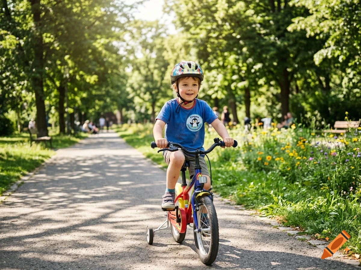 A young child wearing a helmet rides a bicycle with training wheels along a paved path in a park.