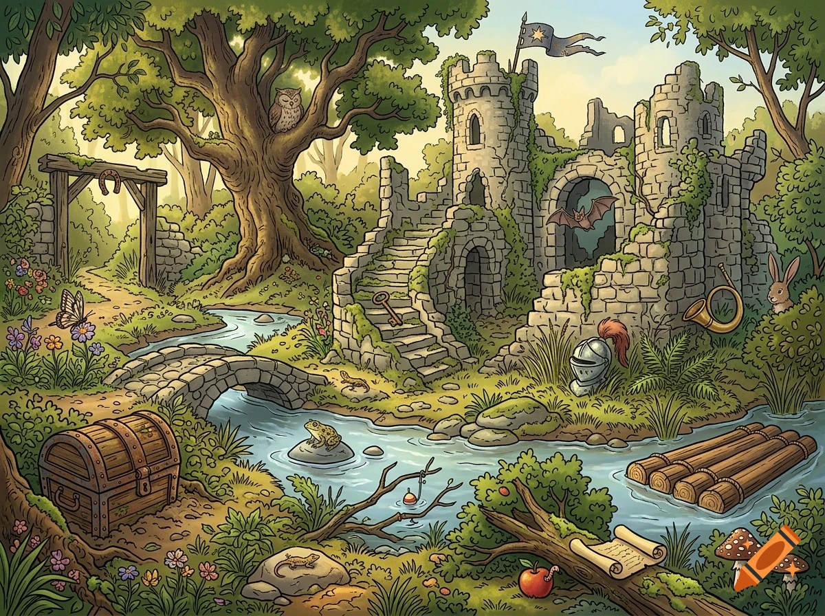 An illustrated fantasy forest scene featuring a ruined stone castle overgrown with vines, a winding stream with a small bridge, a treasure chest, various hidden objects like a key and a helmet, and forest wildlife including an owl, a frog, and a rabbit.
