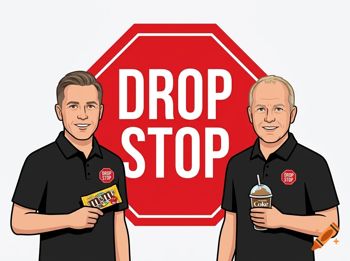 Cartoon illustration of two men in black polo shirts standing in front of a red stop sign that reads DROP STOP, with one holding a candy package and the other a drink.