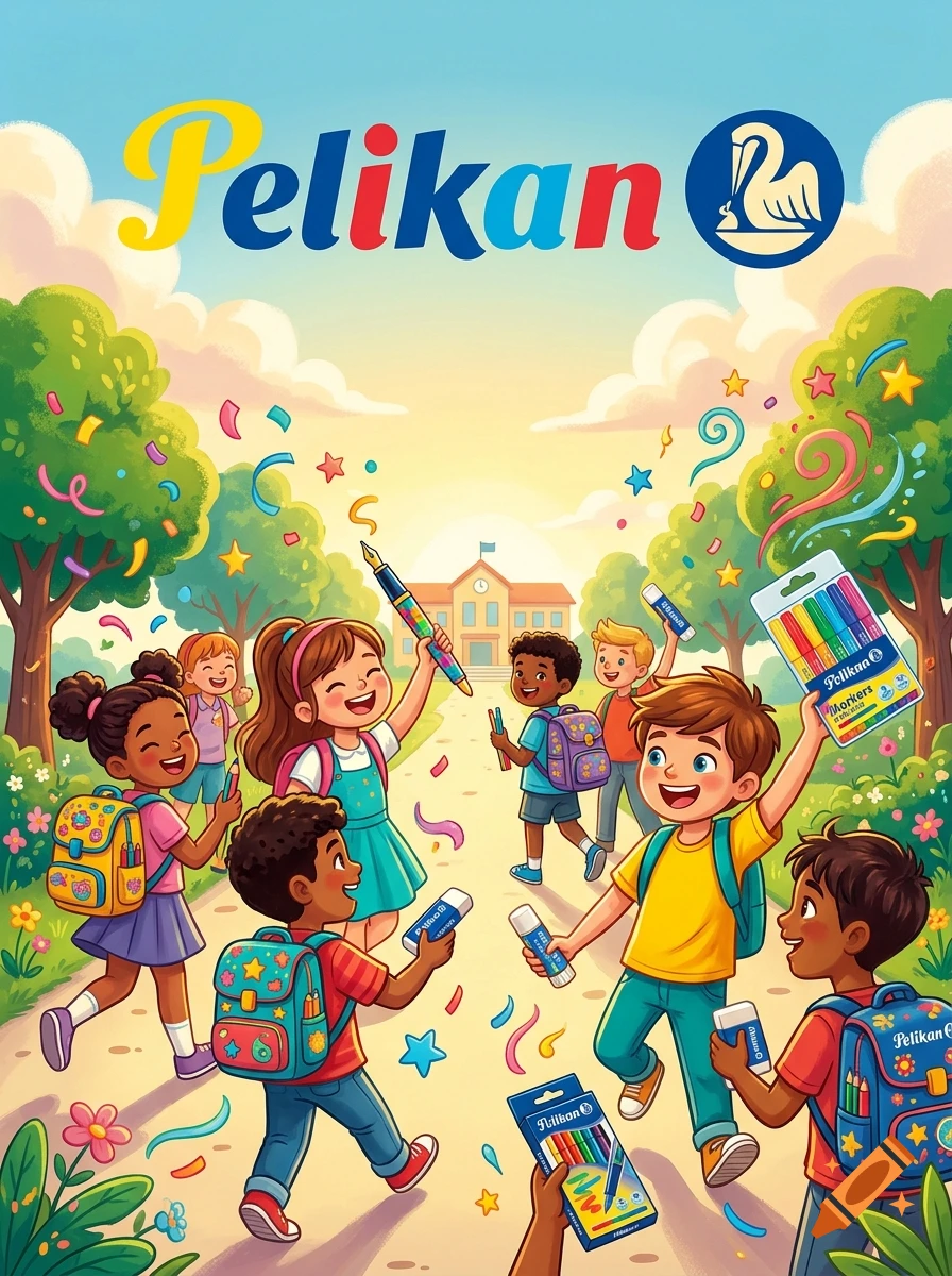 Colorful illustration of smiling children with school supplies running towards a school under a blue sky with the Pelikan logo.