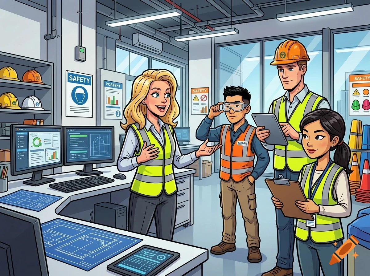 An illustrated scene shows a diverse team of workers wearing high-visibility vests and safety gear inside a control room or office with computer monitors and safety posters.