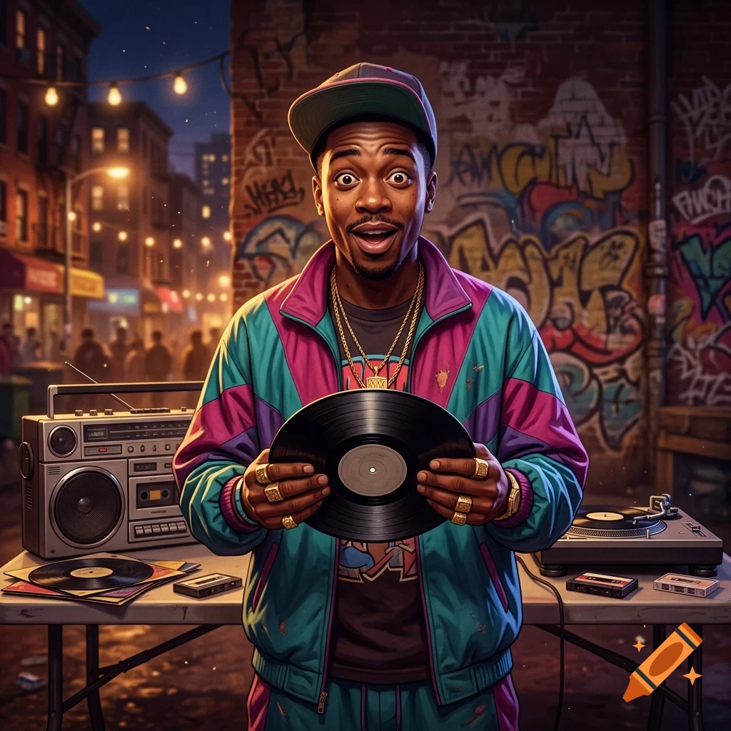 A man in a colorful 1980s tracksuit and cap stands on a city street at night, holding a vinyl record in front of a table with a boombox and turntable.
