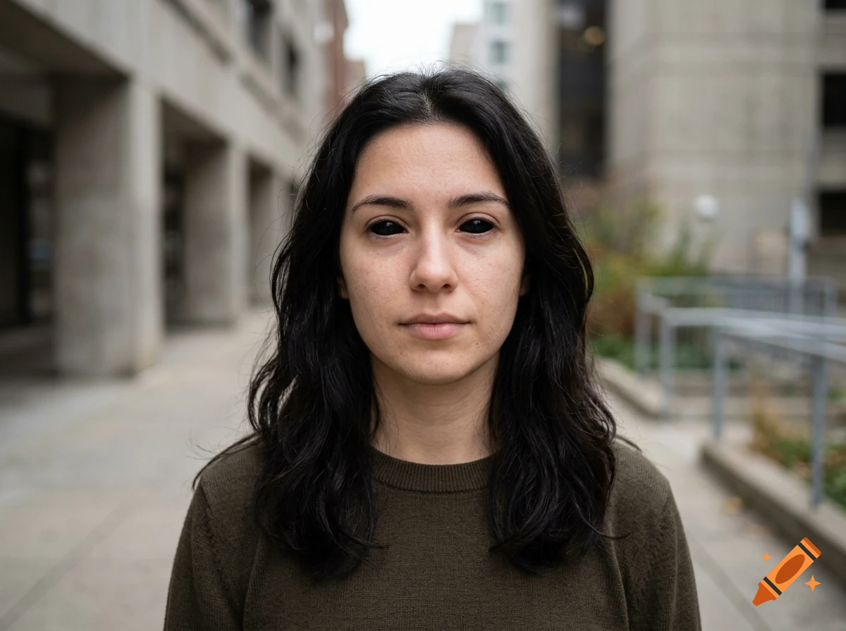 Photorealistic portrait of a young woman with long dark hair and solid black eyes, standing on an urban street.