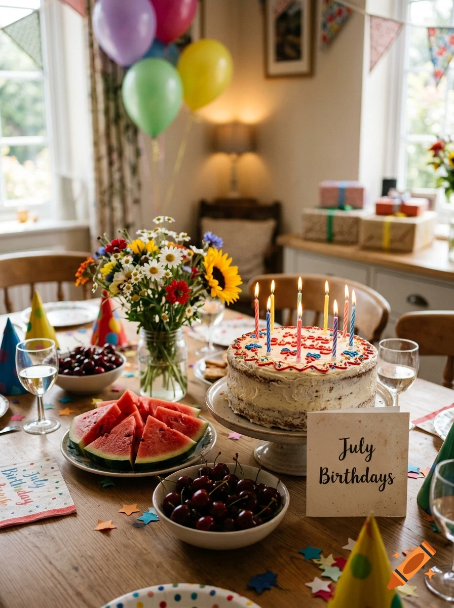 Birthday table spread with a cake with candles, watermelon slices, cherries, flowers, and balloons in a cozy room.