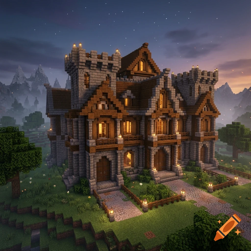 A blocky, pixelated fantasy mansion with stone walls, wooden frames, towers, and glowing windows, set in a landscape with trees and mountains under a twilight sky.