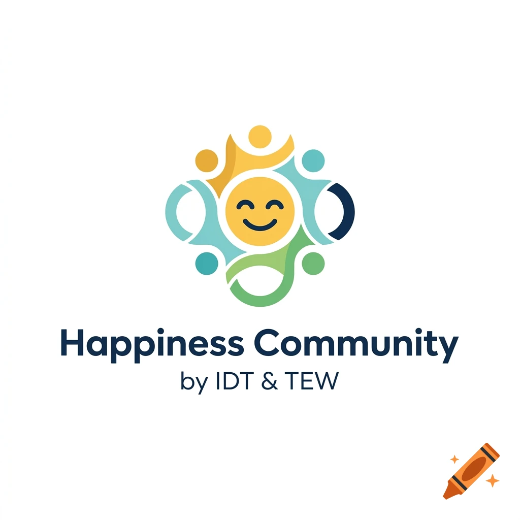Minimalist logo featuring a smiling sun surrounded by abstract people icons and the text 'Happiness Community by IDT & TEW'.