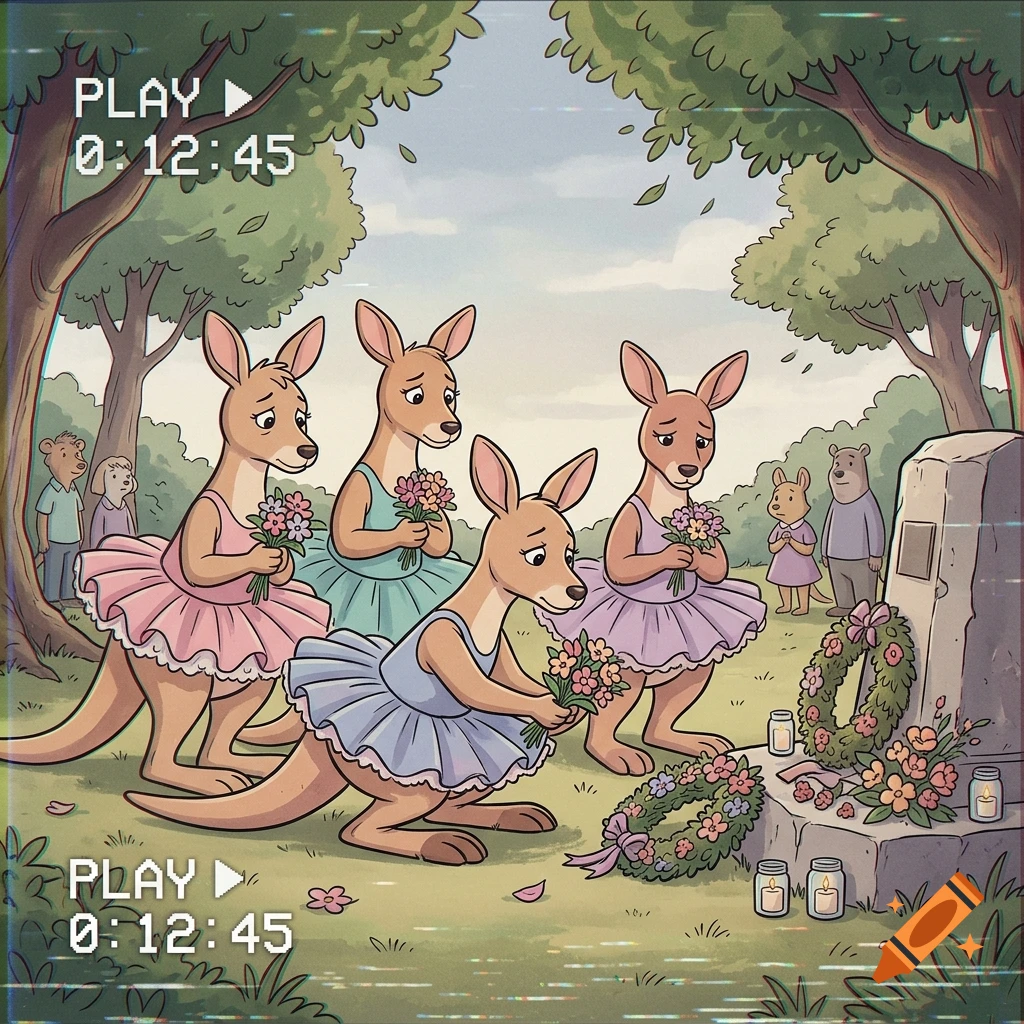 1980s 2D cartoon VHS footage of anthropomorphic kangaroos in tutus laying flowers at a memorial service.