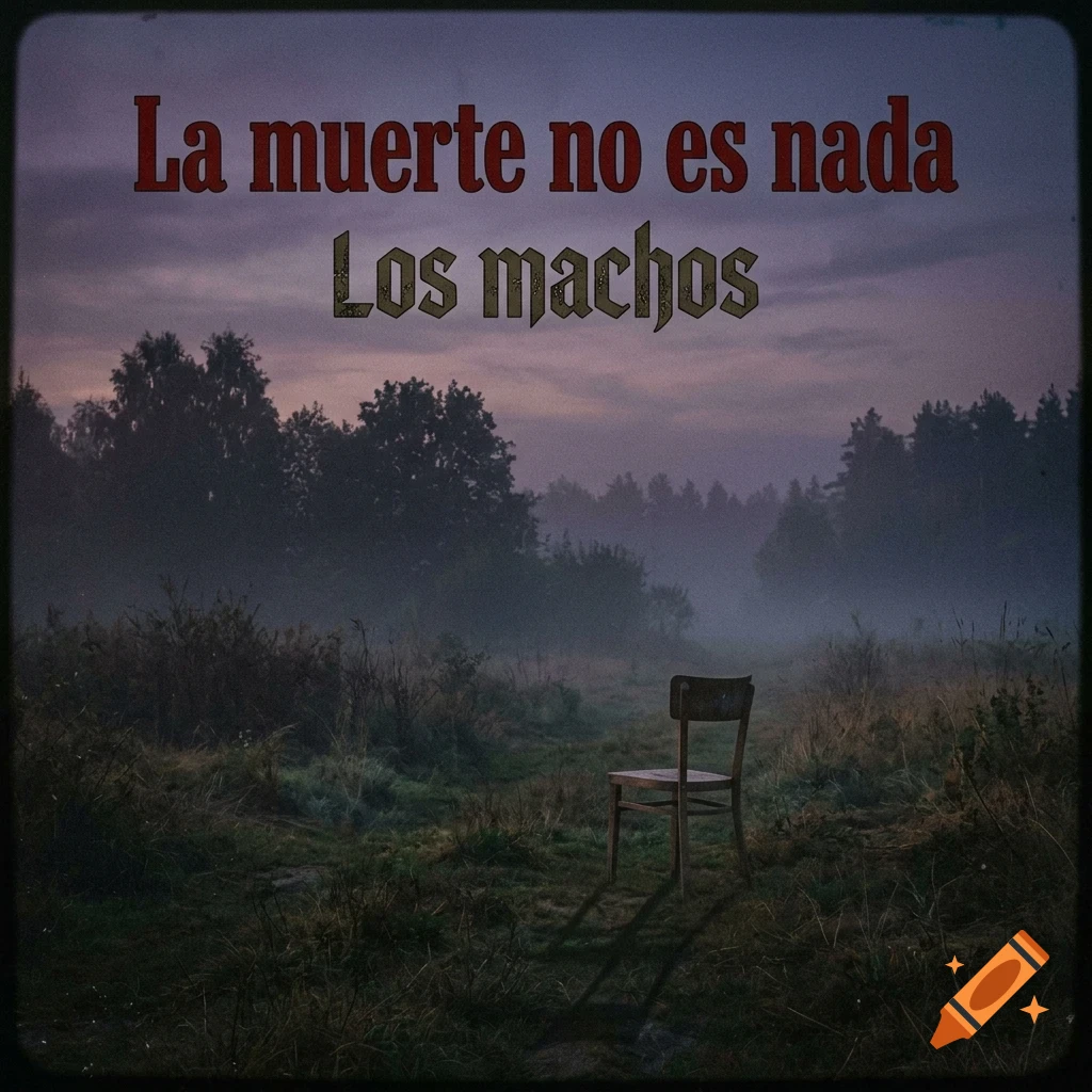 An empty wooden chair sits in a misty, grassy field at dusk with trees in the background, overlaid with Spanish text.