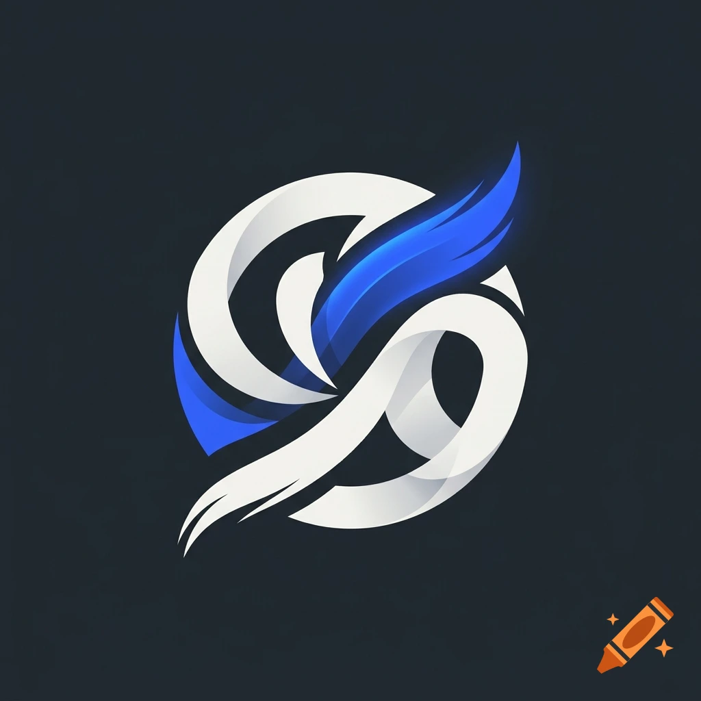 Abstract digital logo design with white and blue swirling elements on a dark gray background.