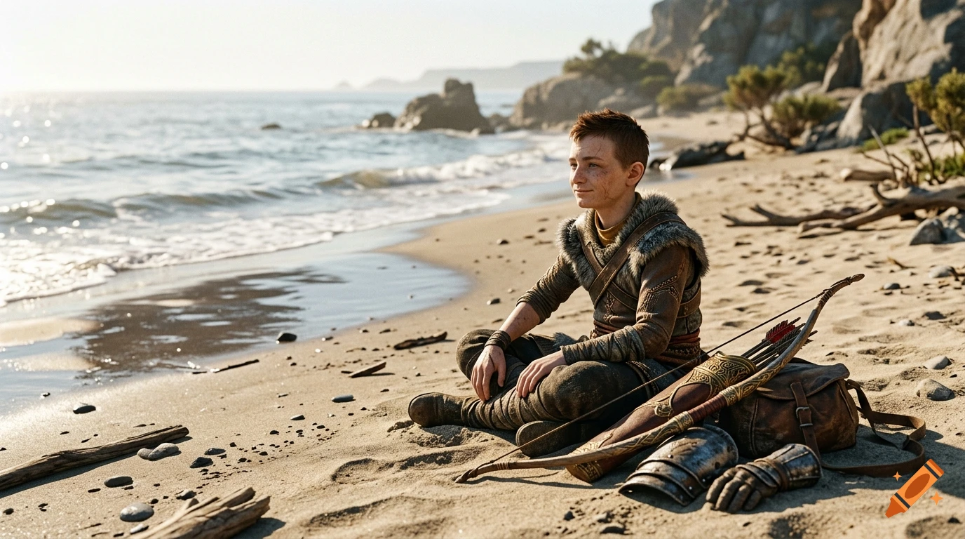 A young boy sits cross-legged on a sandy beach next to a bow and quiver of arrows, looking out toward the ocean.