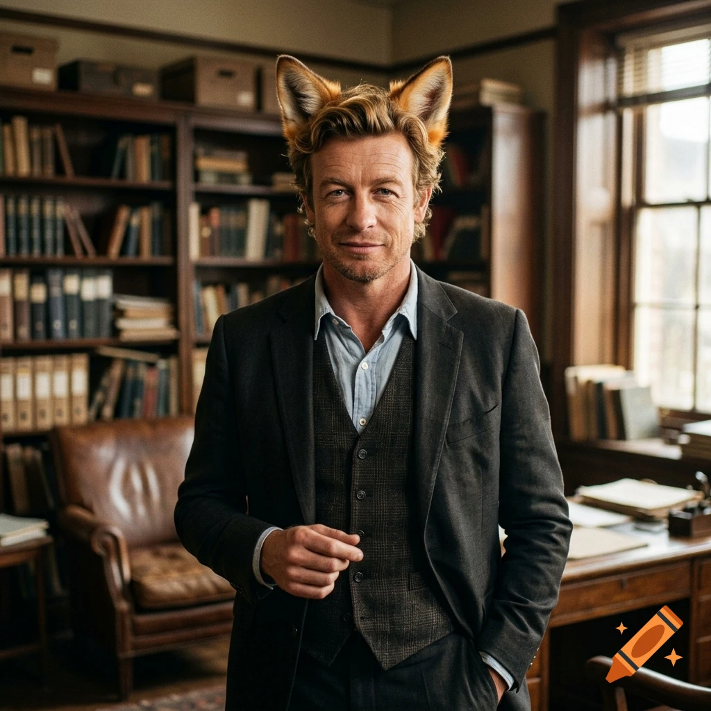 Photorealistic portrait of Patrick Jane from The Mentalist wearing fox ears in a book-filled study.