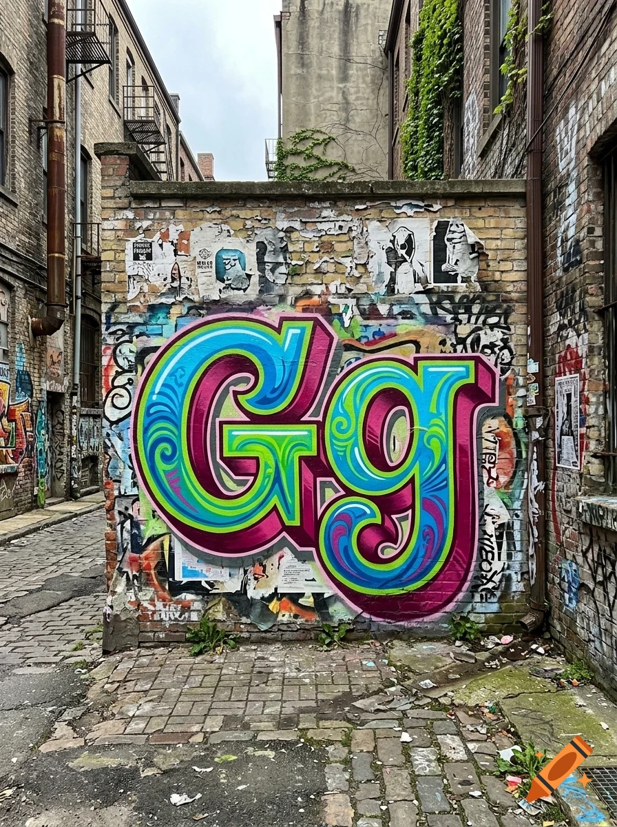Colorful graffiti lettering reading 'GG' in shades of blue, green, and pink on a weathered brick wall in an alleyway.