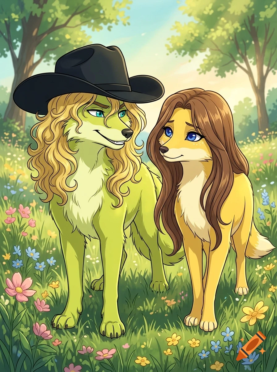 An anthropomorphic green wolf with long blonde hair and a black cowboy hat stands next to an anthropomorphic yellow fox with long brown hair in a grassy meadow filled with flowers.