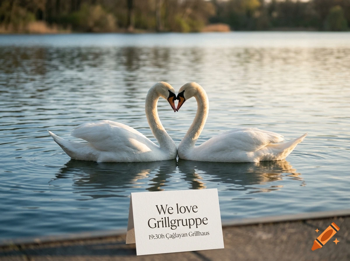 Two white swans in a lake forming a heart shape with their necks at sunset, with a sign in the foreground.