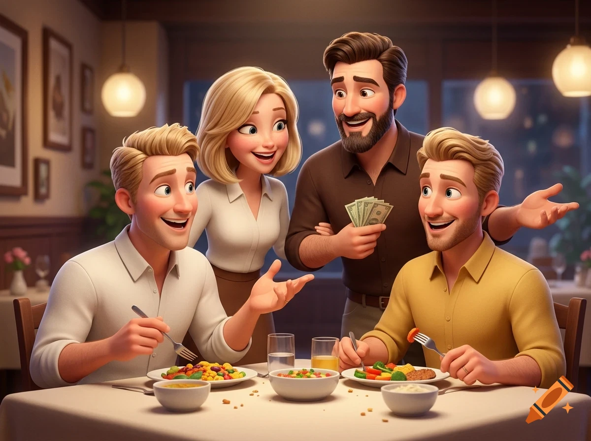A 3D cartoon style illustration of a family and friends gathered around a dining table, eating and smiling.