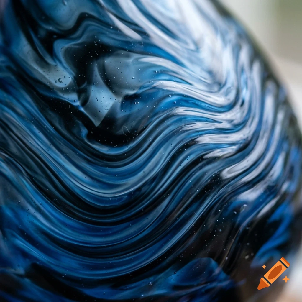 Close-up of a blue and white swirled glass object with trapped air bubbles.