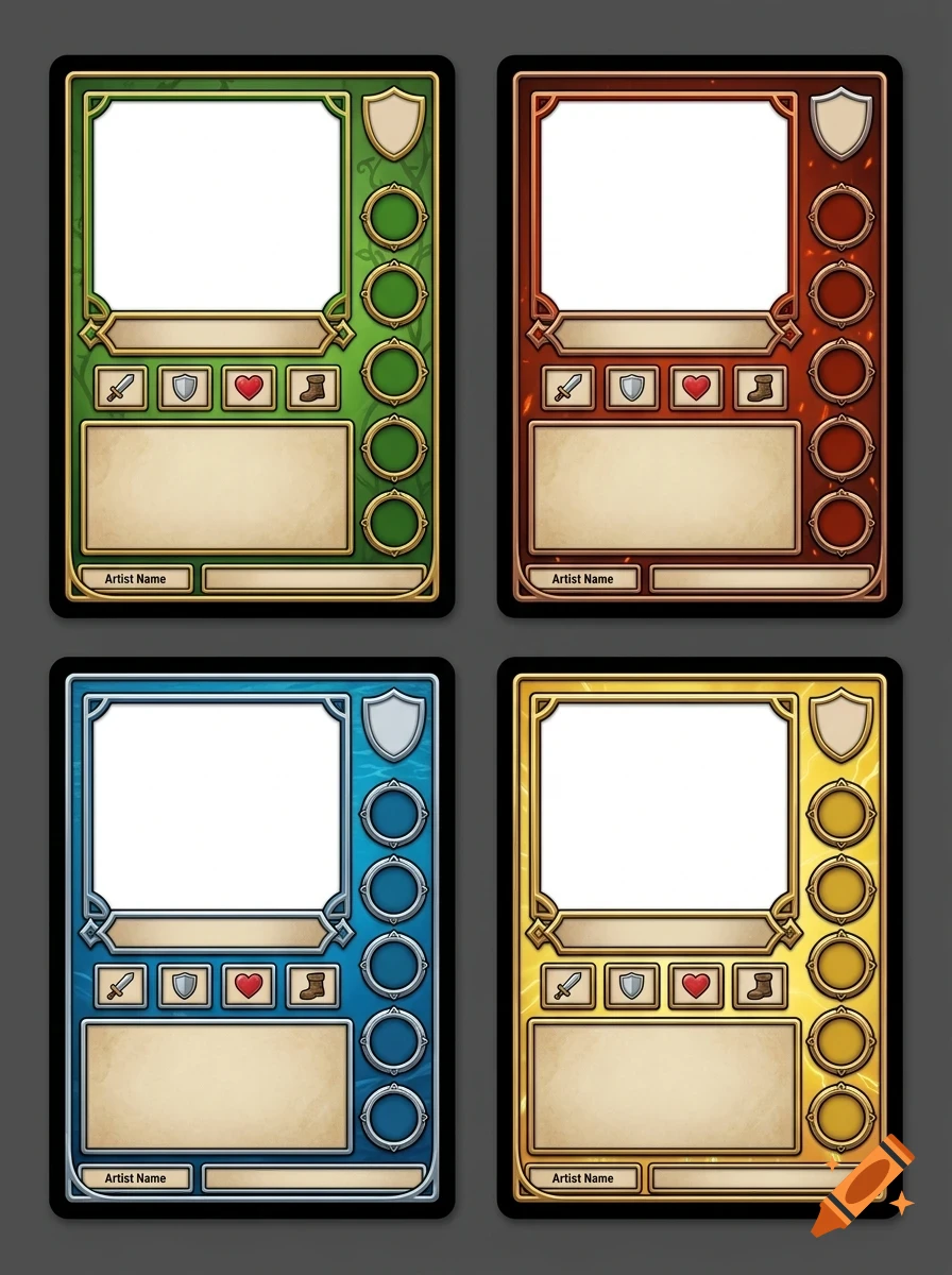Four blank fantasy trading card templates in green, red, blue, and yellow with placeholder frames, stat icons, and text boxes.