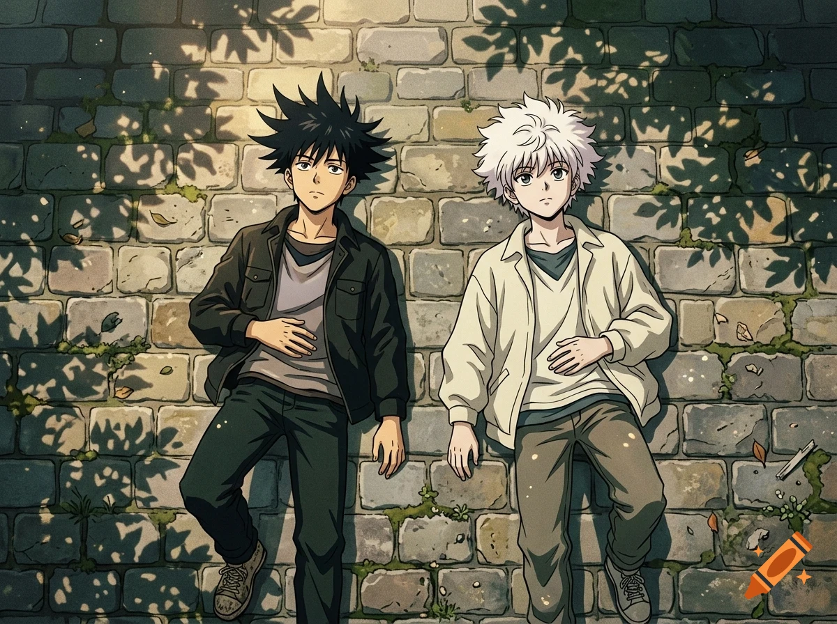 Two anime-style male characters lying down on a cobblestone pavement, dappled with tree shadows.