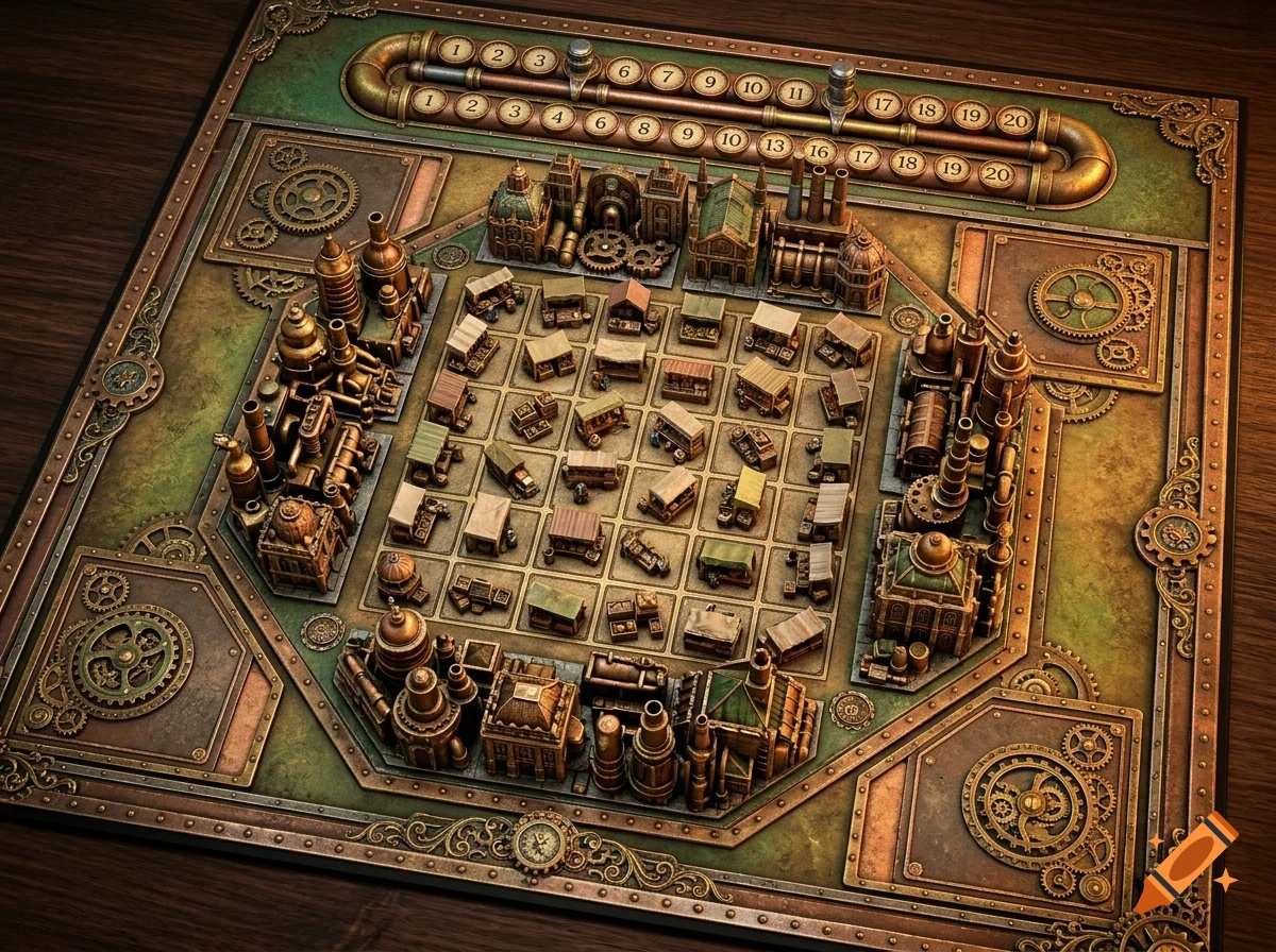 An overhead view of a steampunk-themed board game featuring a detailed grid board surrounded by miniature industrial buildings, gears, and pipes.