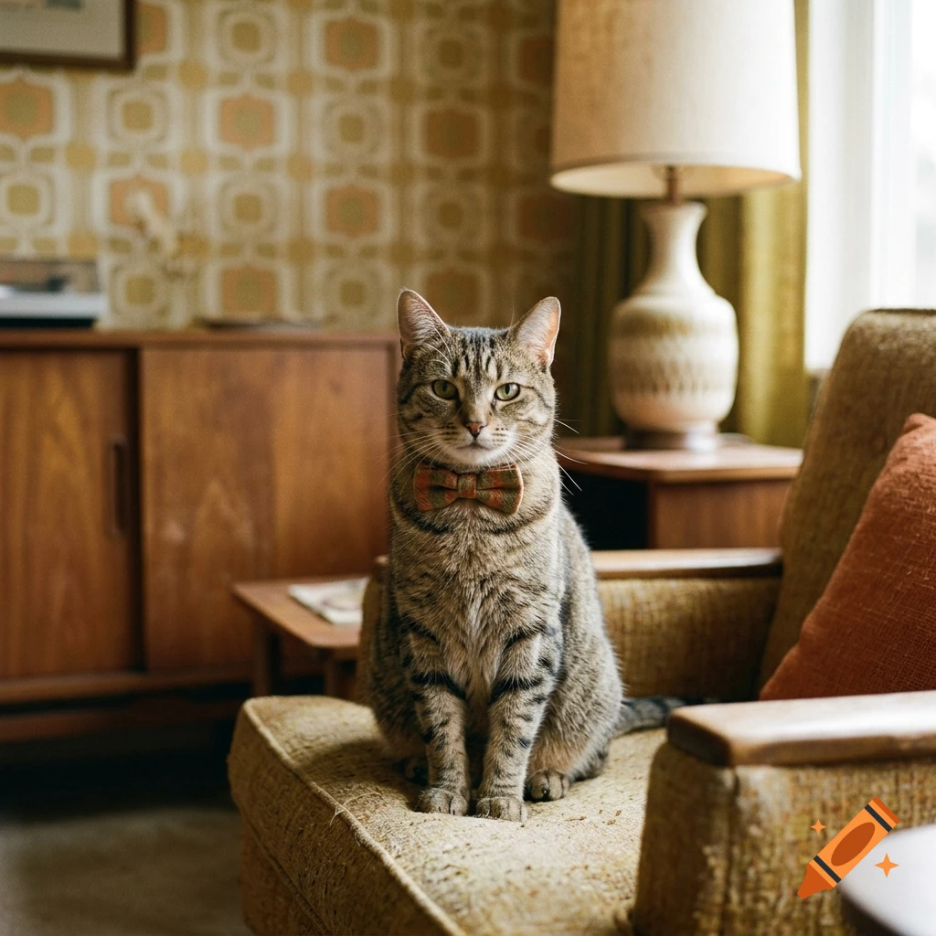 A tabby cat wearing a tweed bow tie sitting on a vintage armchair in a retro-styled living room with patterned wallpaper and a lamp.