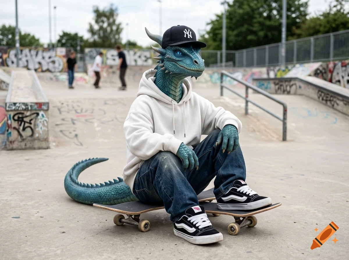 A person with a blue scaly dragon head and hands sits on two skateboards at a skatepark, wearing a white hoodie and a black baseball cap.